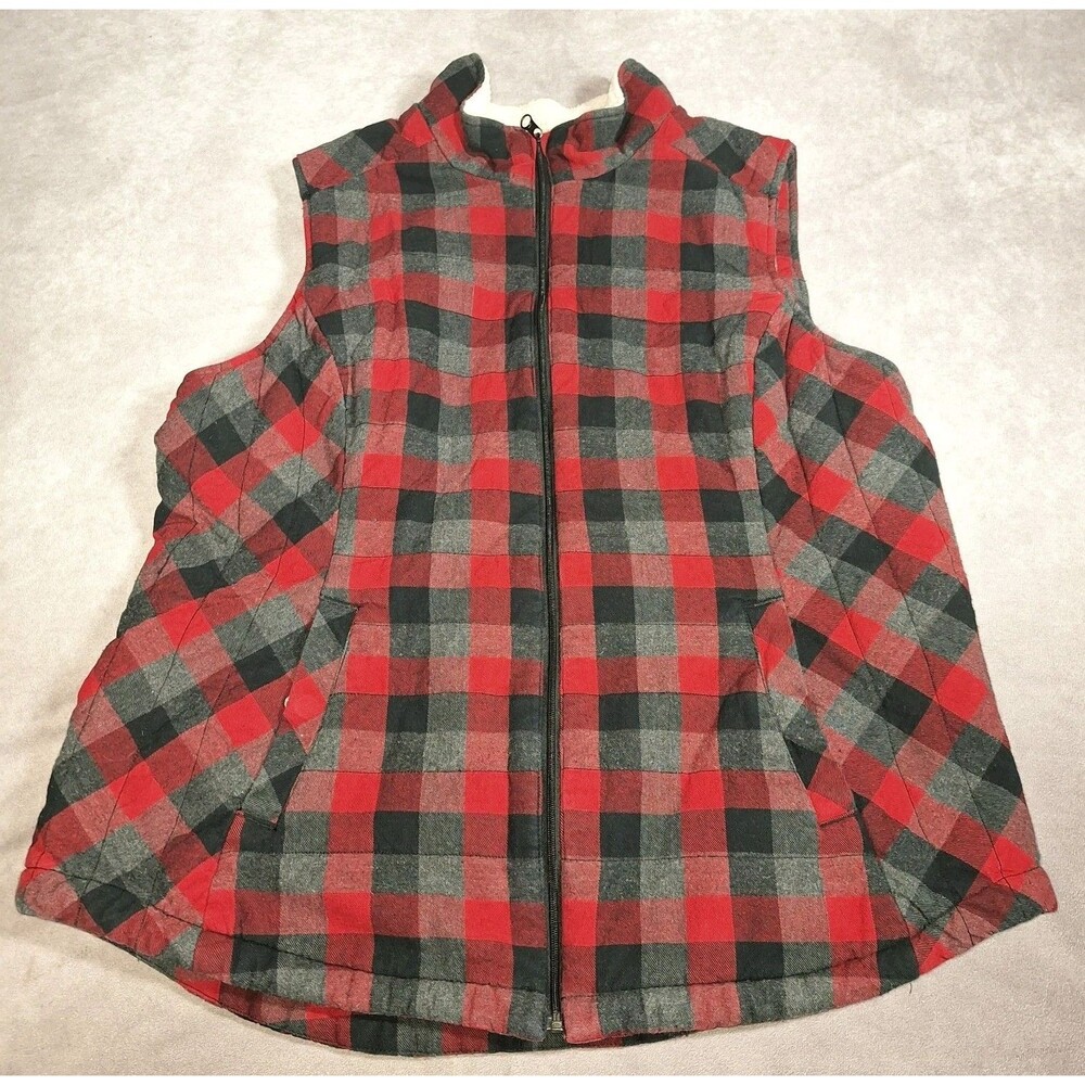Duluth Trading Co. Women's XL Red Grey Plaid Lined Quilted Fall Vest Pockets